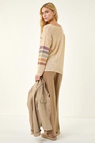 Roman Beige Stripe V-Neck Knit Jumper