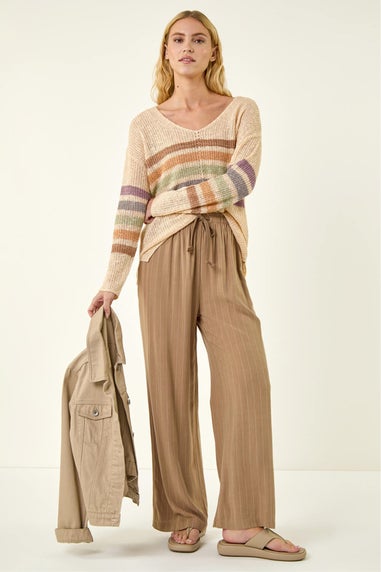Roman Beige Stripe V-Neck Knit Jumper