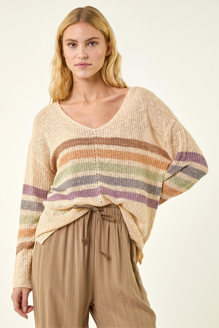 Roman Beige Stripe V-Neck Knit Jumper