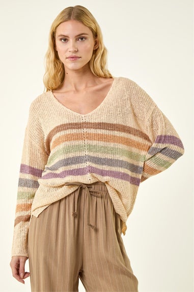 Roman Beige Stripe V-Neck Knit Jumper