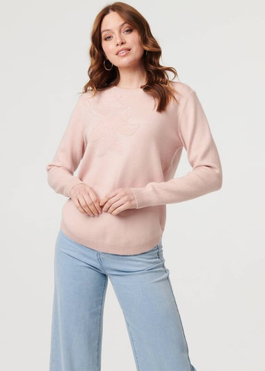 Izabel London Pink Sparkle Detail Floral Embroidered Jumper