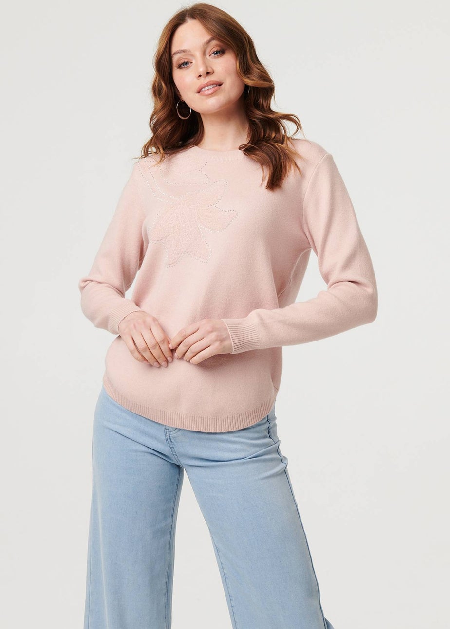Izabel London Pink Sparkle Detail Floral Embroidered Jumper