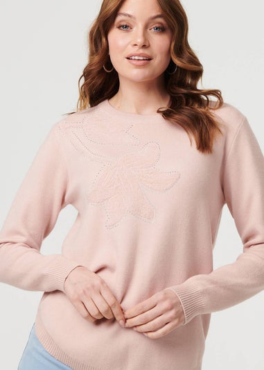 Izabel London Pink Sparkle Detail Floral Embroidered Jumper