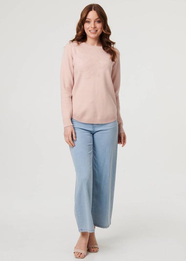 Izabel London Pink Sparkle Detail Floral Embroidered Jumper