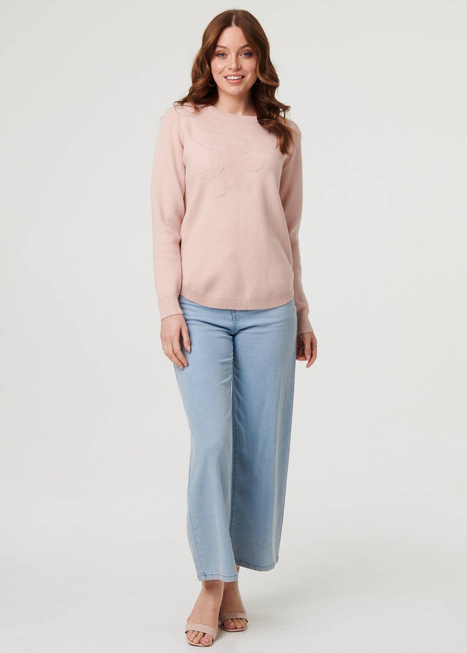 Izabel London Pink Sparkle Detail Floral Embroidered Jumper