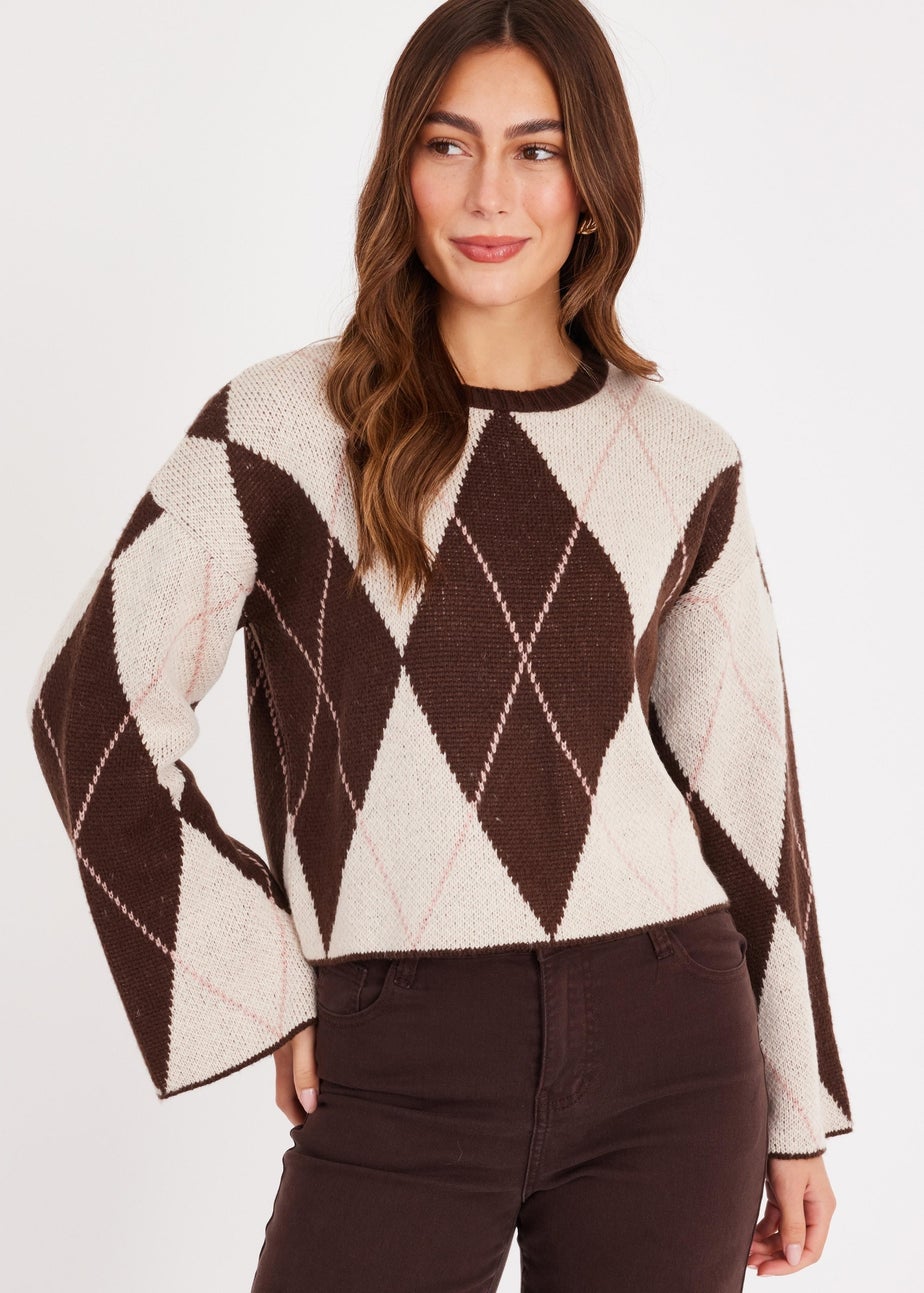 Quiz Brown Argyle Print Knitted Jumper
