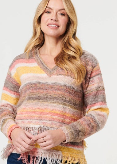 Izabel London Pink Striped Texture Tassel Hem Crop Jumper