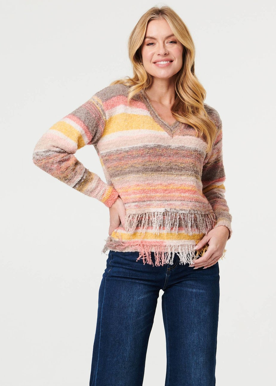 Izabel London Pink Striped Texture Tassel Hem Crop Jumper