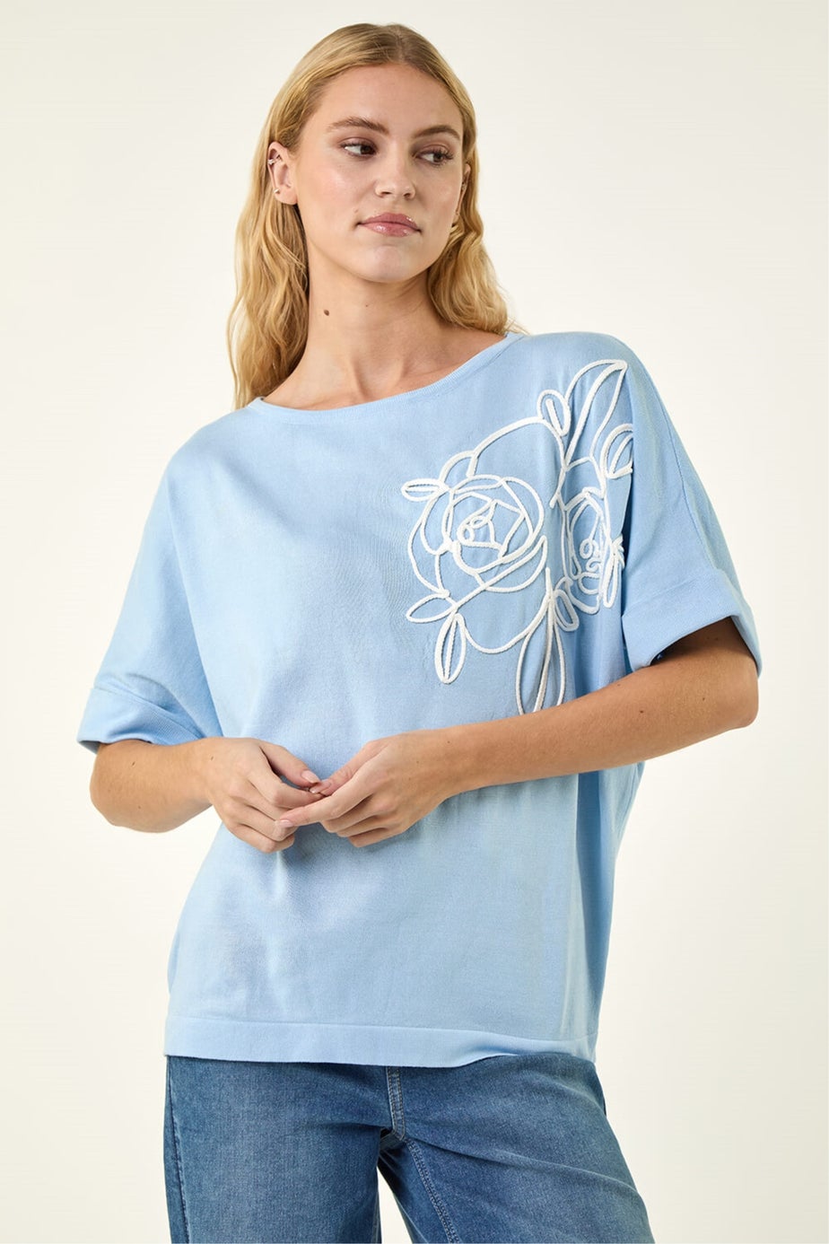 Roman Light Blue Floral Knitted Top