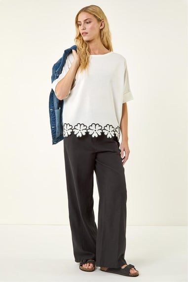 Roman Ivory Floral Trim Knit Top
