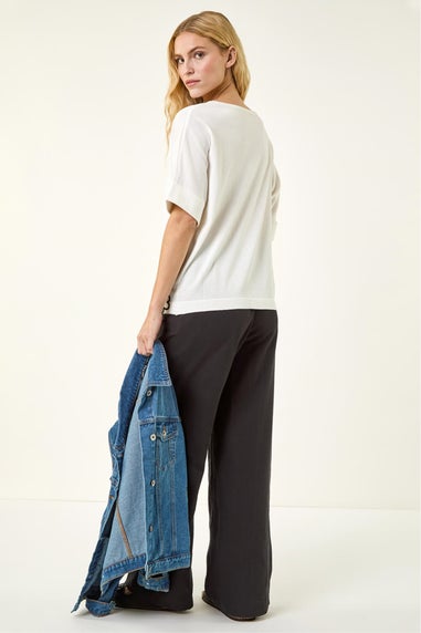 Roman Ivory Floral Trim Knit Top