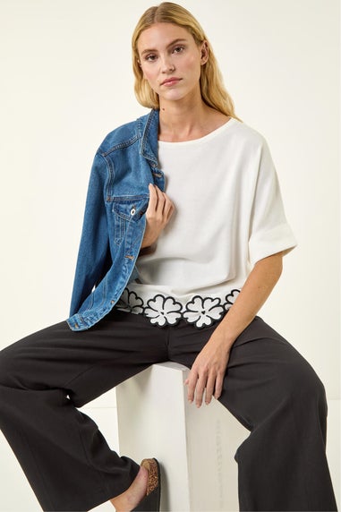 Roman Ivory Floral Trim Knit Top