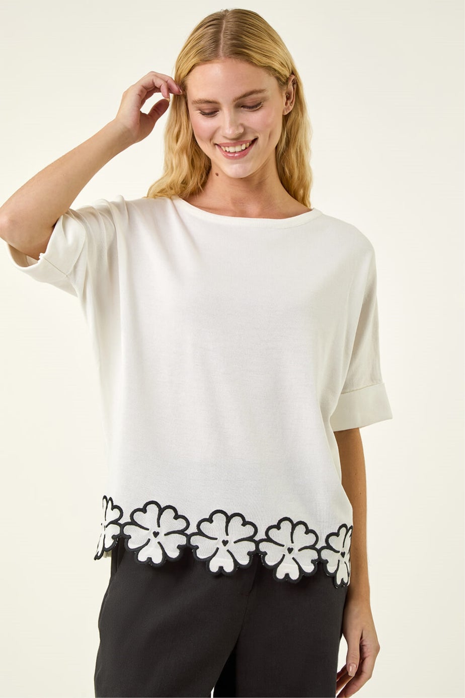 Roman Ivory Floral Trim Knit Top