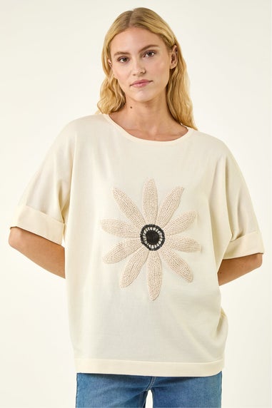 Roman Beige Crochet Flower Knit Top