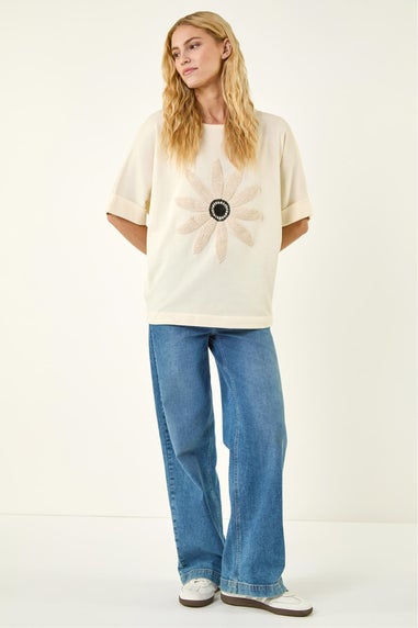 Roman Beige Crochet Flower Knit Top