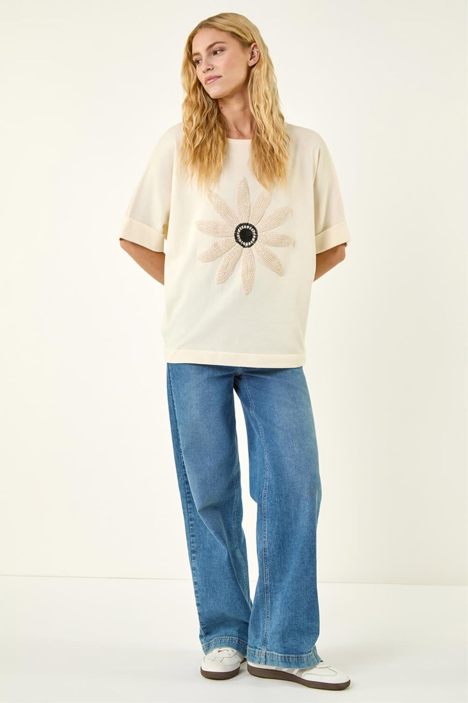 Roman Beige Crochet Flower Knit Top