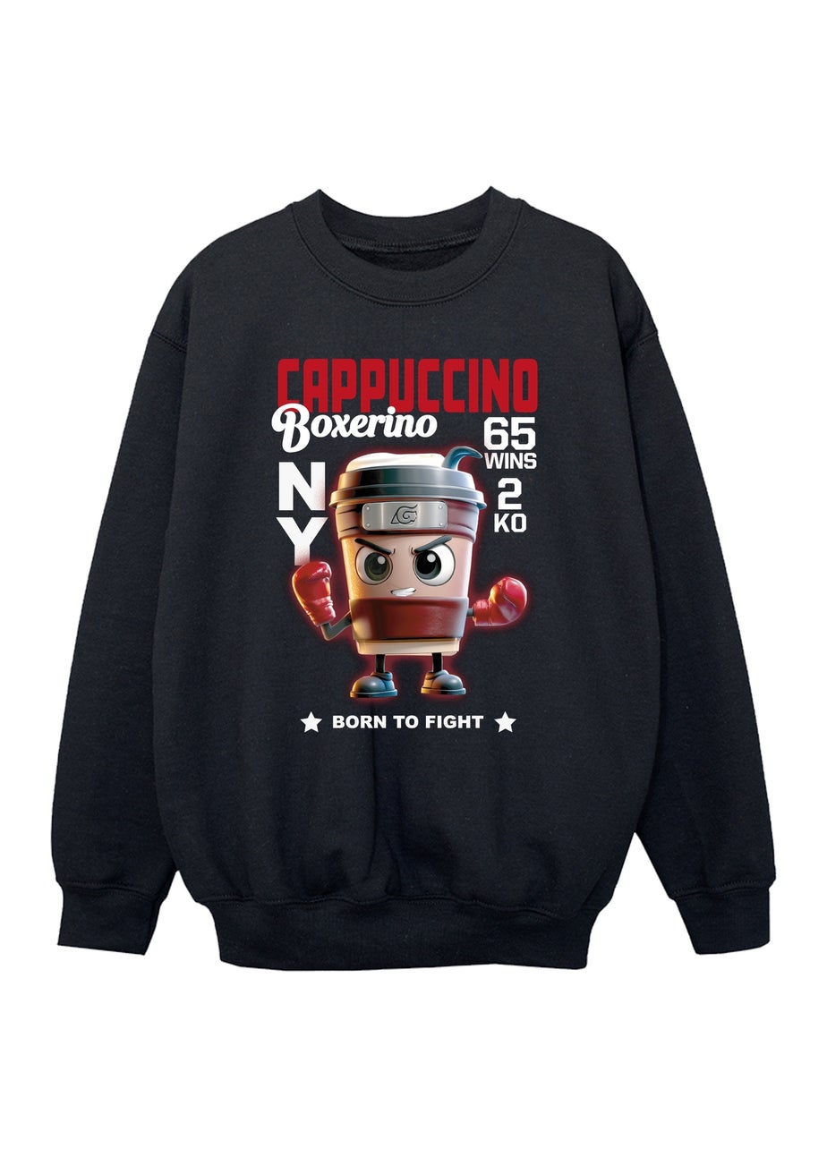 Brands In Brain Rot Cappuccino Boys Black Graphic Sweatshirt (3-13 Years)