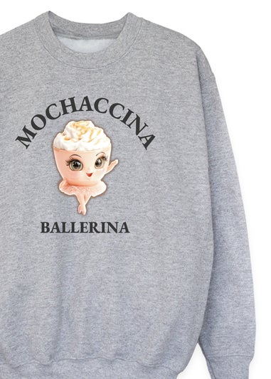 Brands In Brain Rot Mochaccina Ballerina Girls Grey Graphic Sweatshirt (3-13 Years)