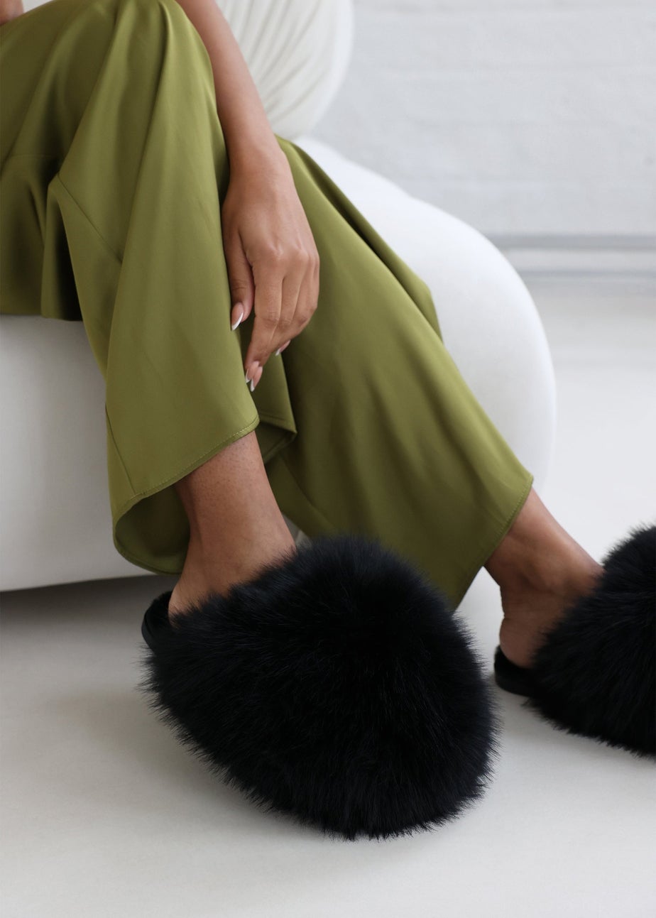 Where's That From Inez Ultimate Fluffy Black Fur Mule Slippers