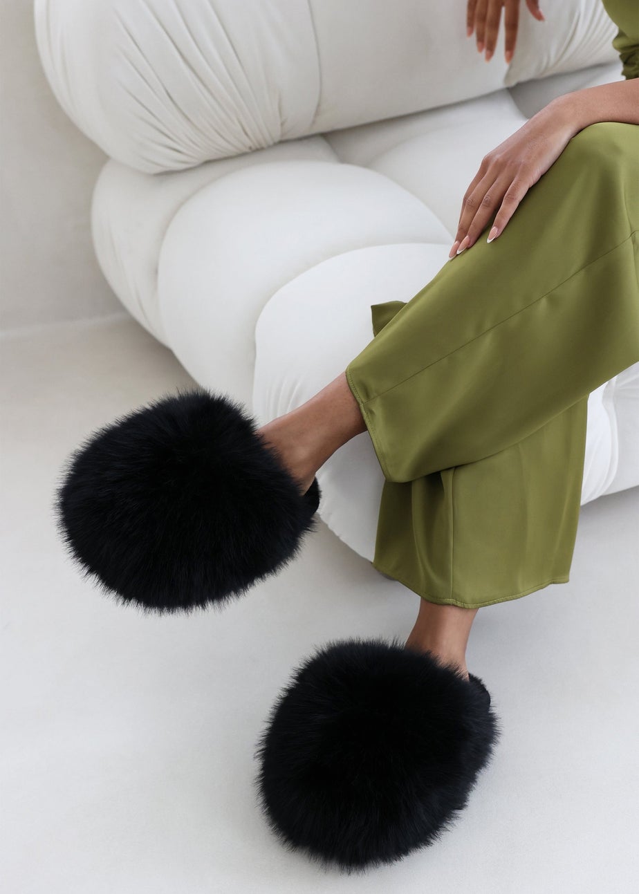 Where's That From Inez Ultimate Fluffy Black Fur Mule Slippers