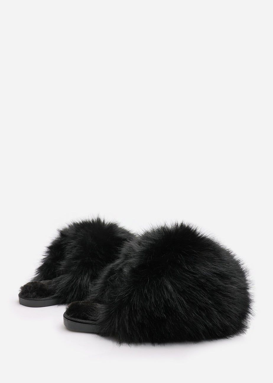 Where's That From Inez Ultimate Fluffy Black Fur Mule Slippers