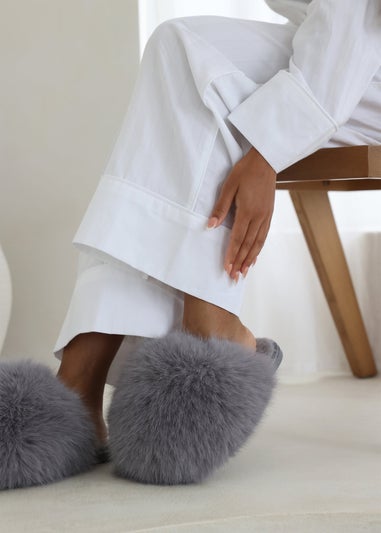 Where's That From Inez Ultimate Fluffy Grey Fur Mule Slippers
