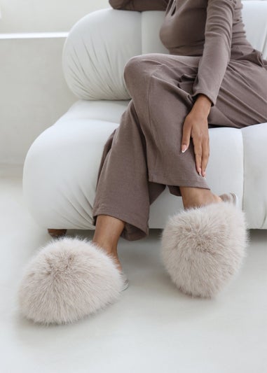 Where's That From Inez Ultimate Fluffy Beige Fur Mule Slippers