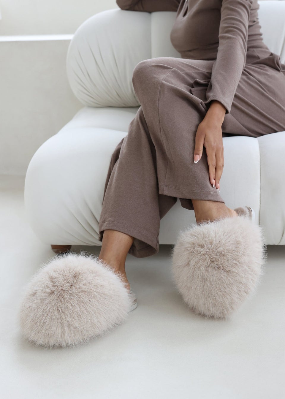 Where's That From Inez Ultimate Fluffy Beige Fur Mule Slippers