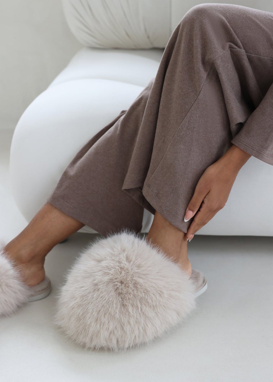 Where's That From Inez Ultimate Fluffy Beige Fur Mule Slippers