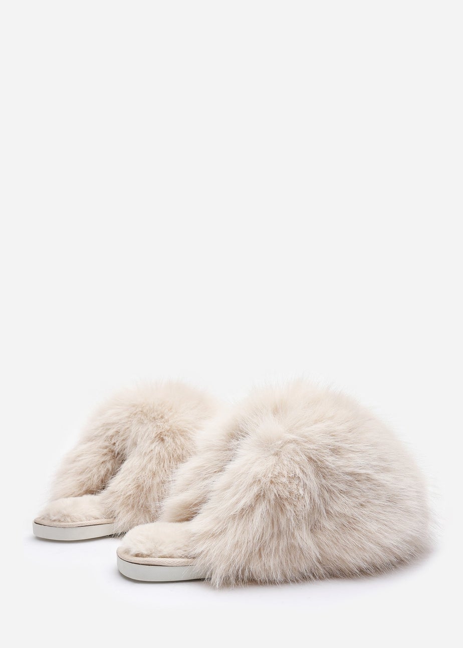 Where's That From Inez Ultimate Fluffy Beige Fur Mule Slippers