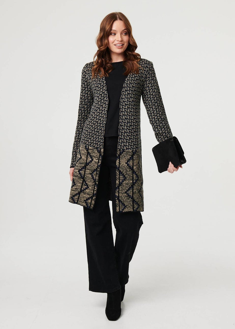 Izabel London Navy Geo Print Longline Open Front Jacket