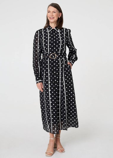 Izabel London Black Polka Dot Belted Maxi Shirt Dress