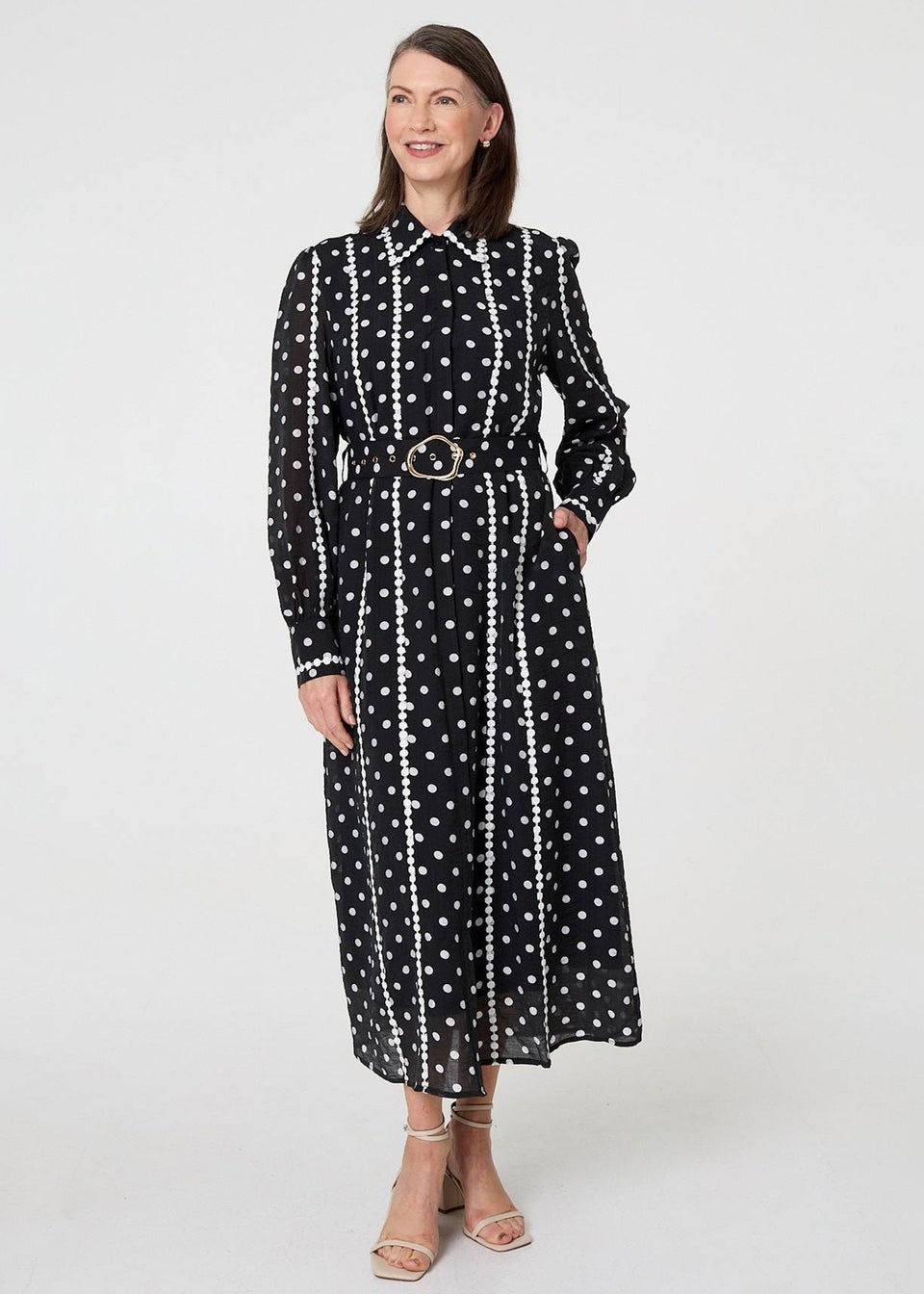 Izabel London Black Polka Dot Belted Maxi Shirt Dress