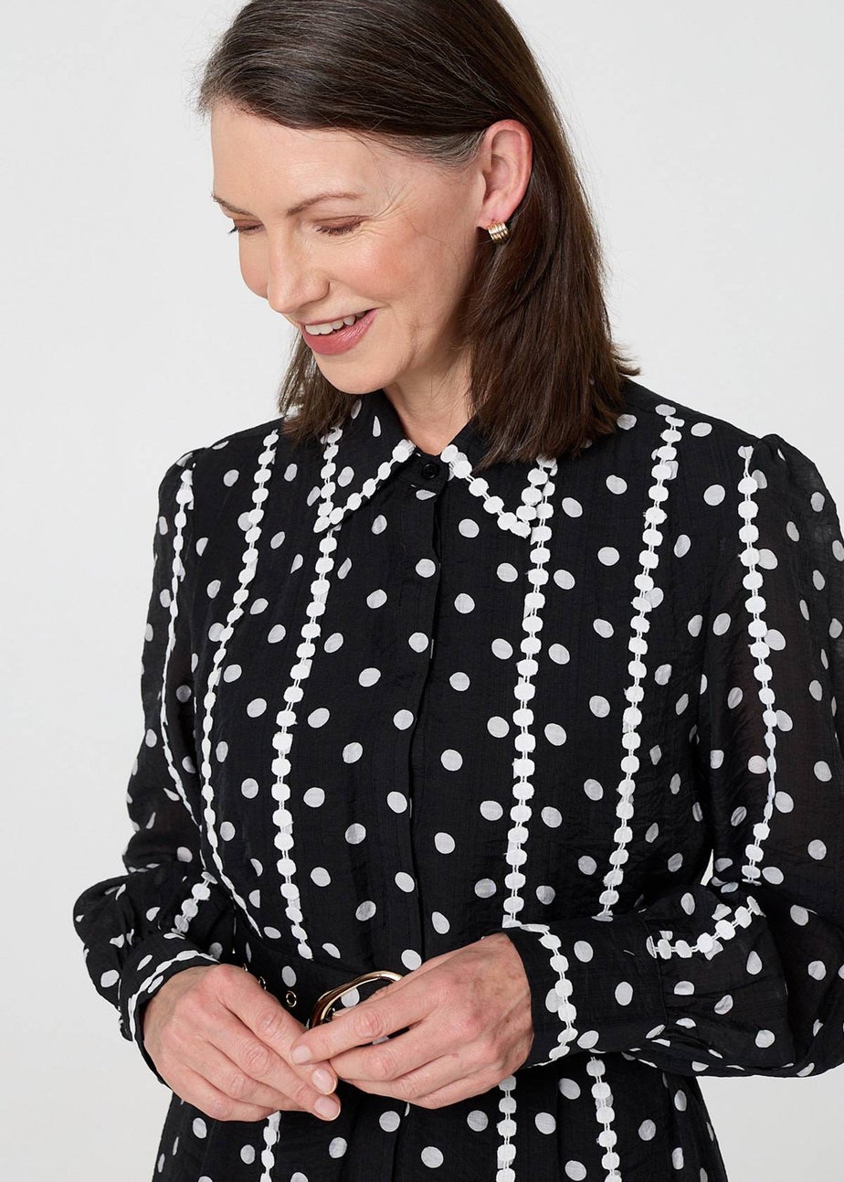 Izabel London Black Polka Dot Belted Maxi Shirt Dress