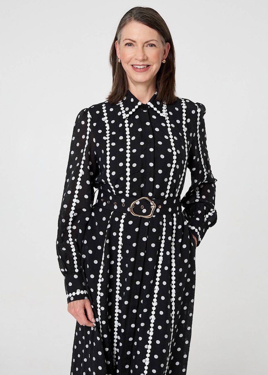 Izabel London Black Polka Dot Belted Maxi Shirt Dress