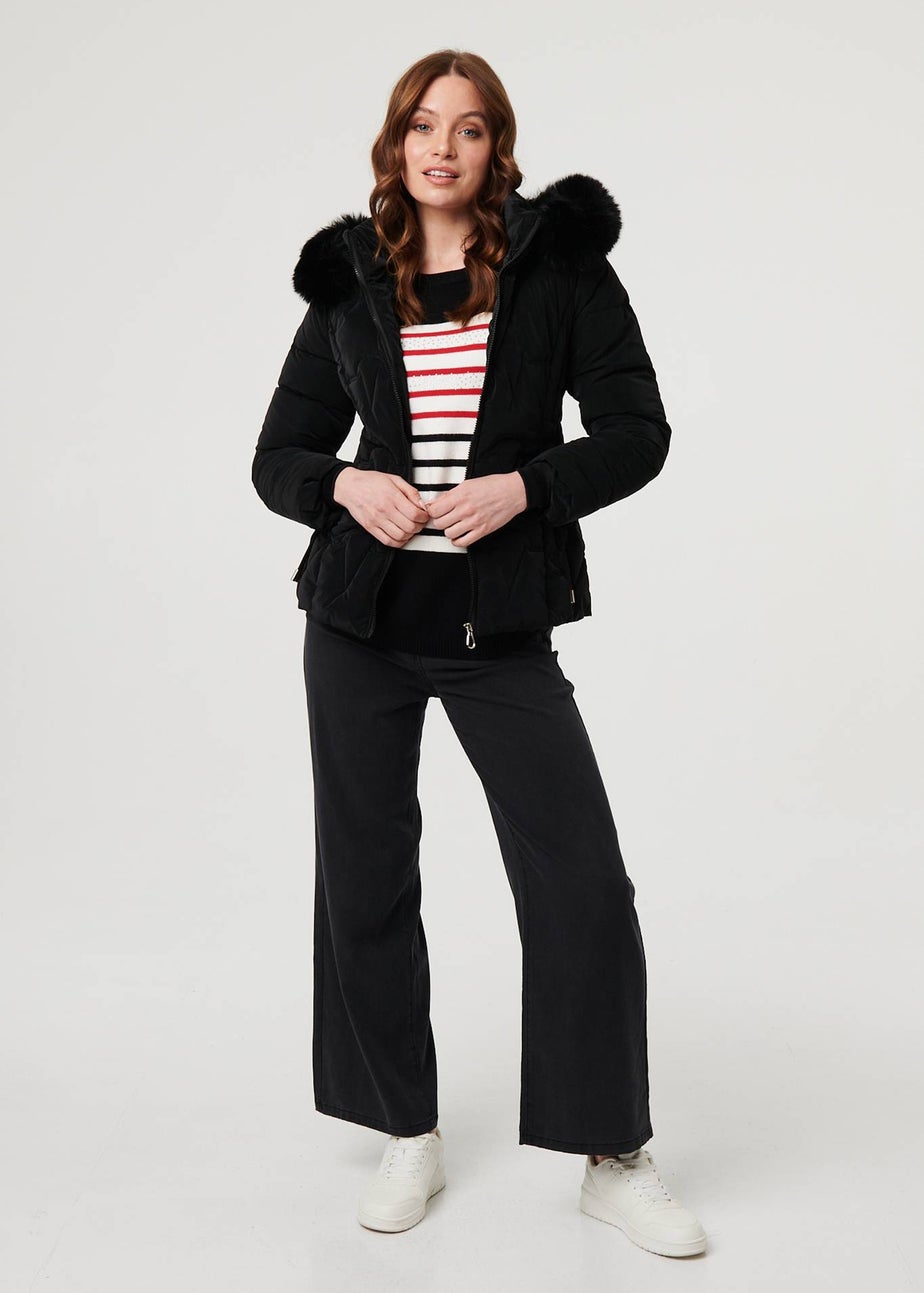 Izabel London Black Faux Fur Trim Hooded Zip-Up Jacket
