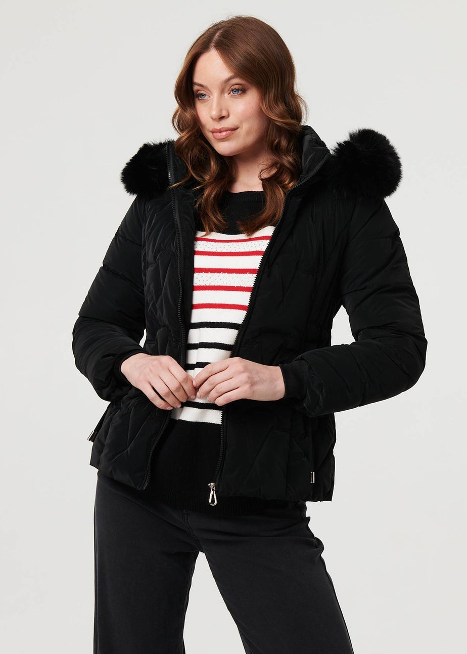 Izabel London Black Faux Fur Trim Hooded Zip-Up Jacket