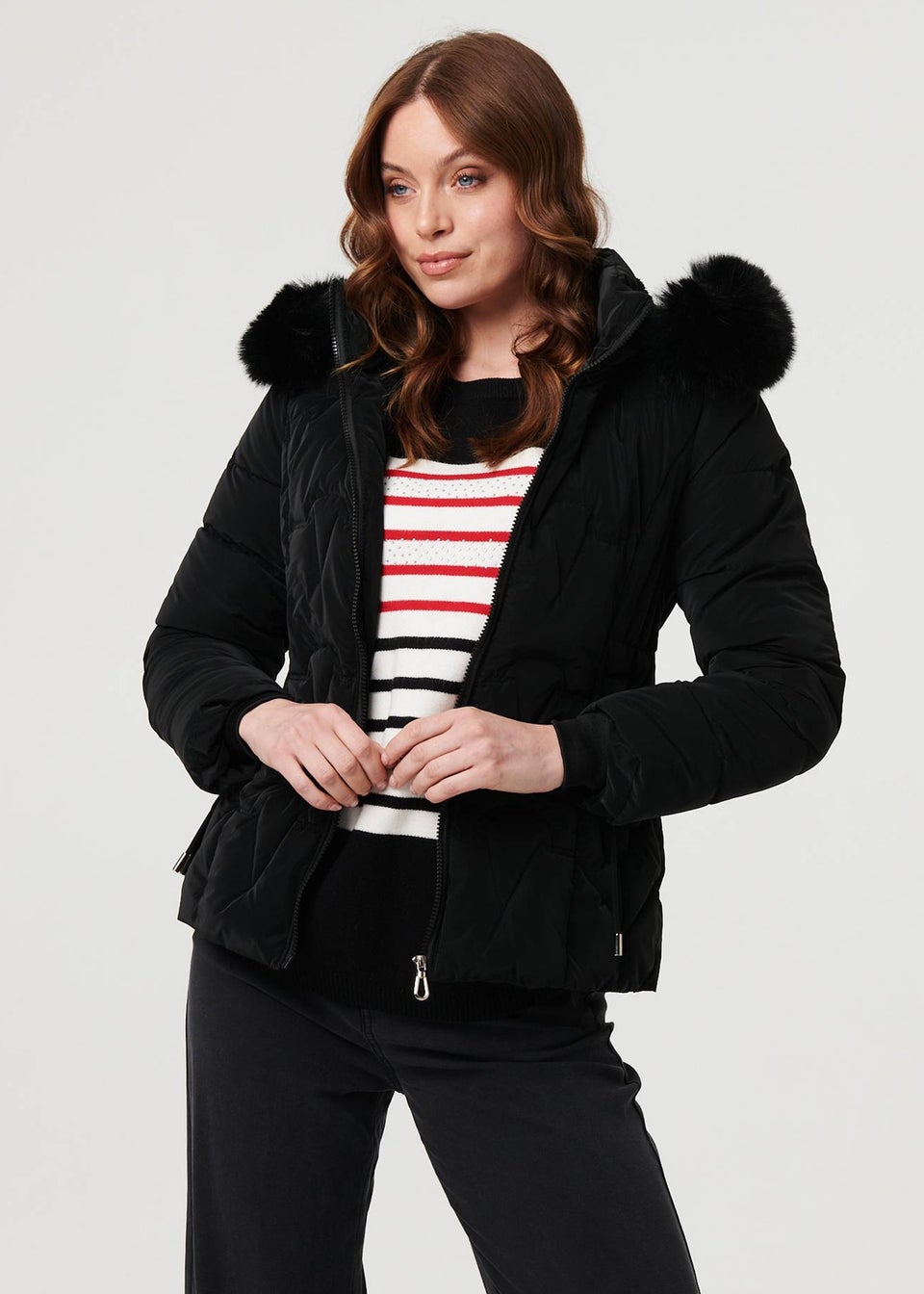 Izabel London Black Faux Fur Trim Hooded Zip-Up Jacket