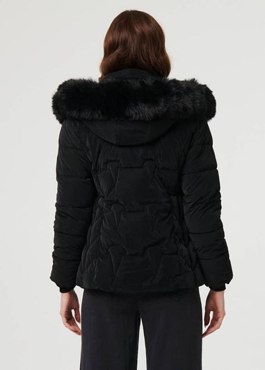 Izabel London Black Faux Fur Trim Hooded Zip-Up Jacket