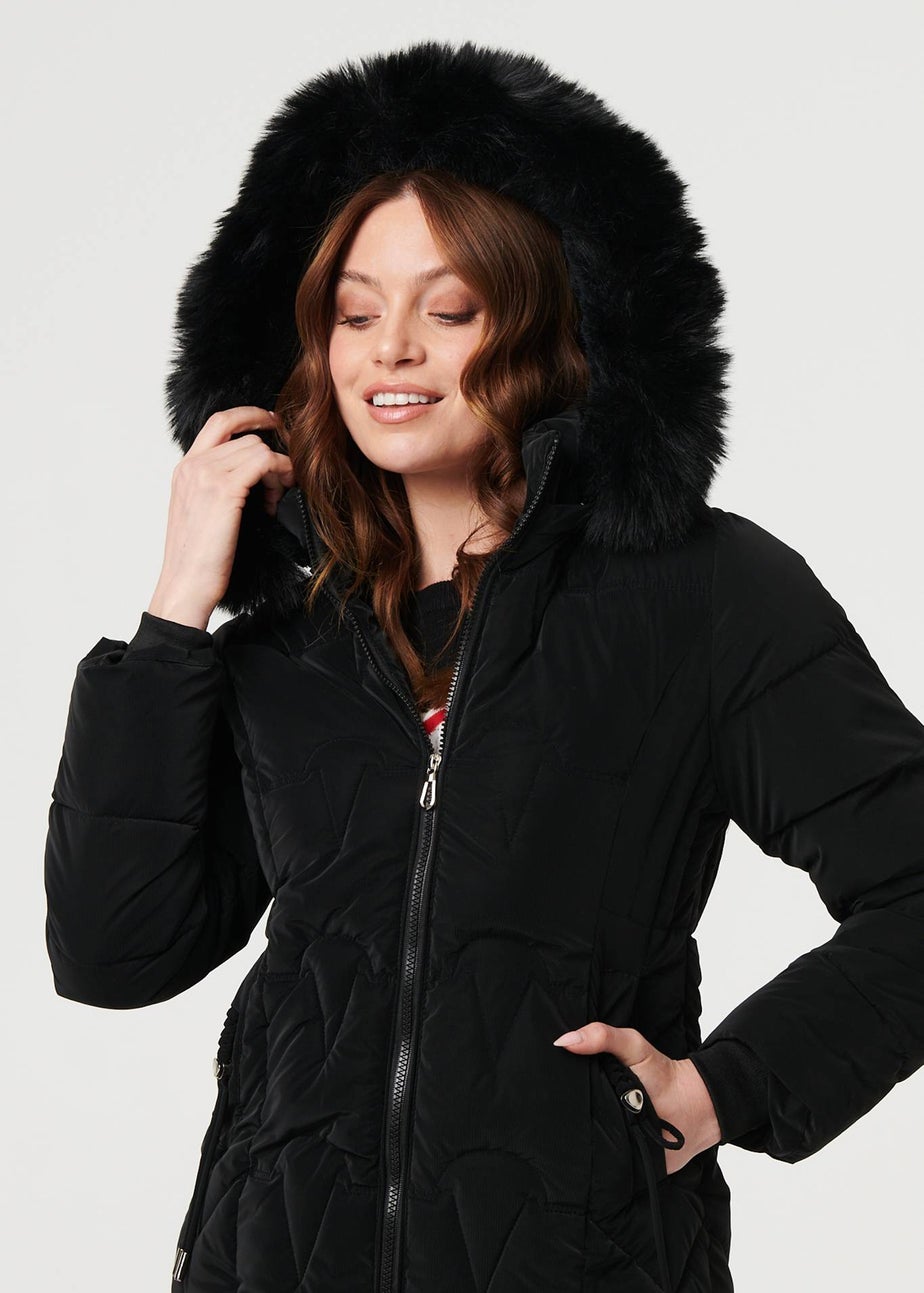 Izabel London Black Faux Fur Trim Hooded Zip-Up Jacket