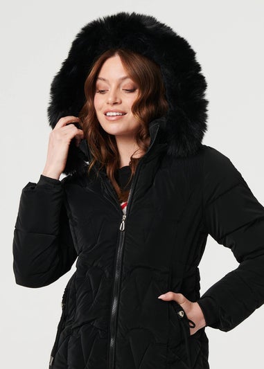 Izabel London Black Faux Fur Trim Hooded Zip-Up Jacket