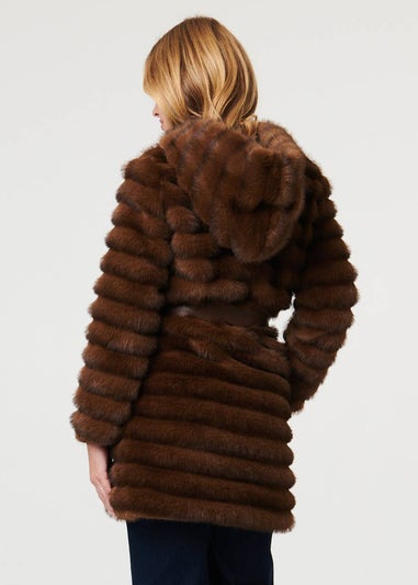 Izabel London Brown Faux Fur Striped Tie Waist Longline Coat