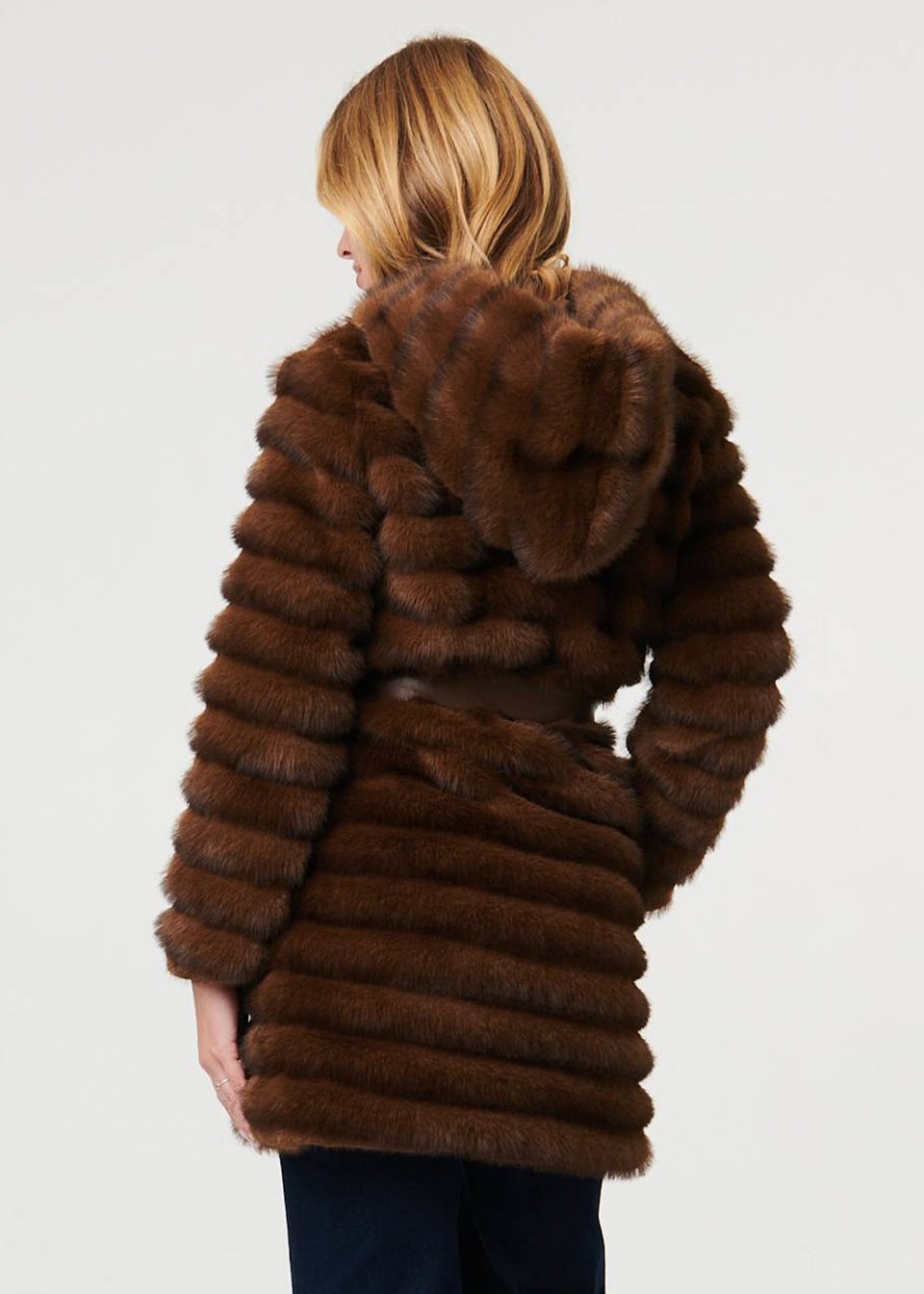 Izabel London Brown Faux Fur Striped Tie Waist Longline Coat