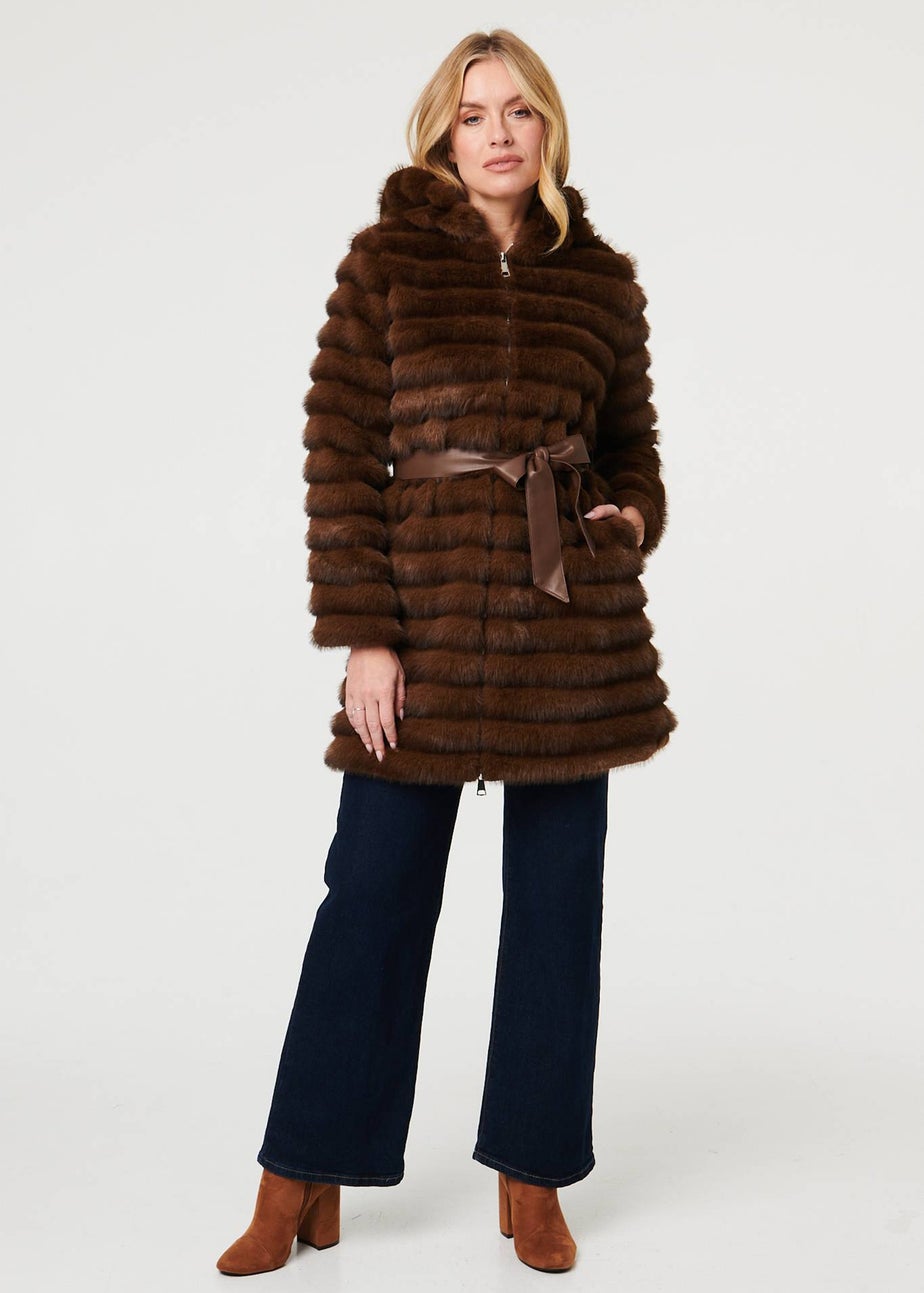 Izabel London Brown Faux Fur Striped Tie Waist Longline Coat