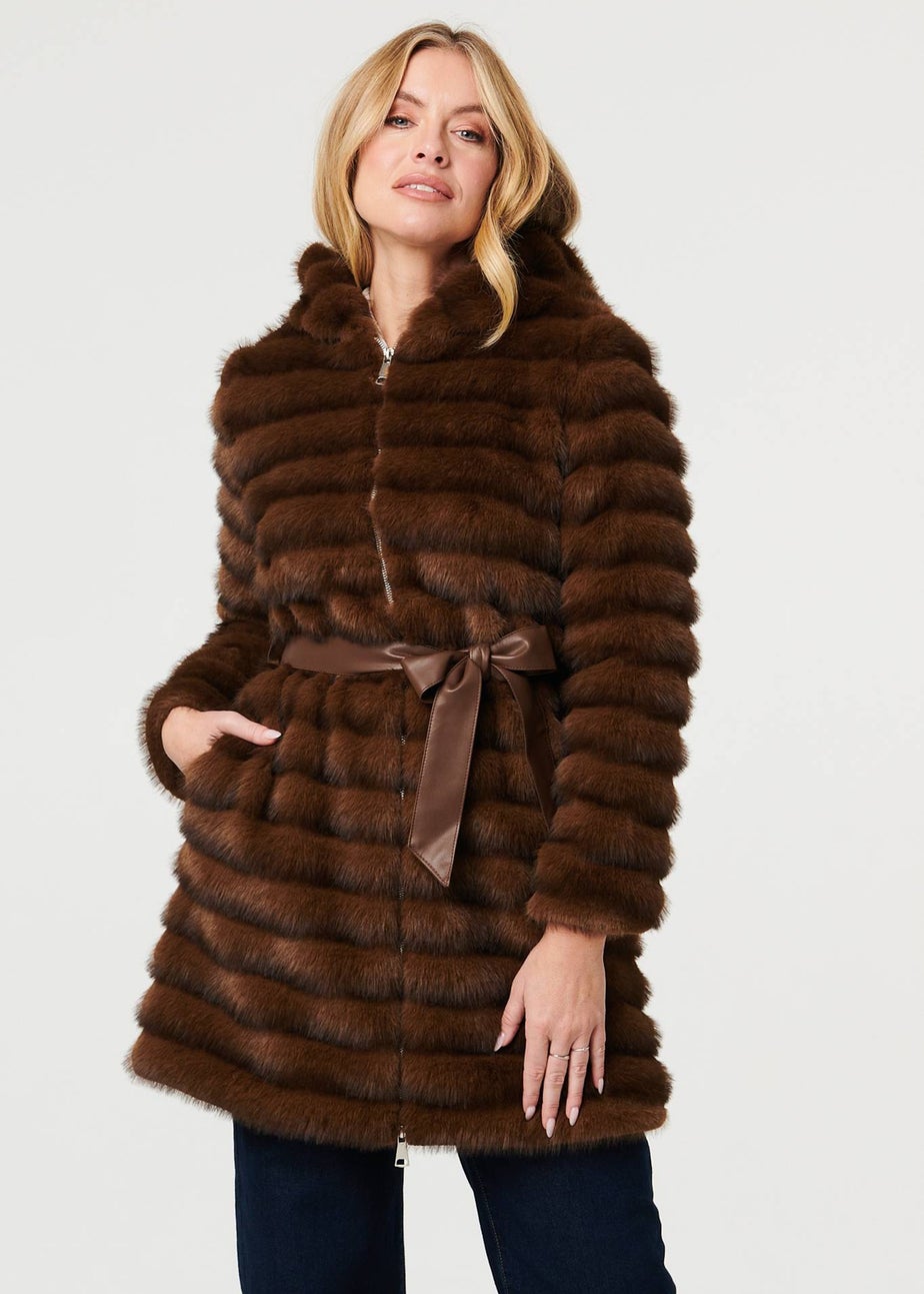 Izabel London Brown Faux Fur Striped Tie Waist Longline Coat