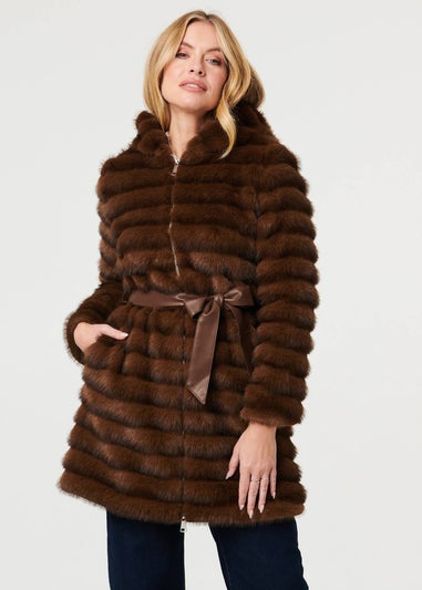Izabel London Brown Faux Fur Striped Tie Waist Longline Coat