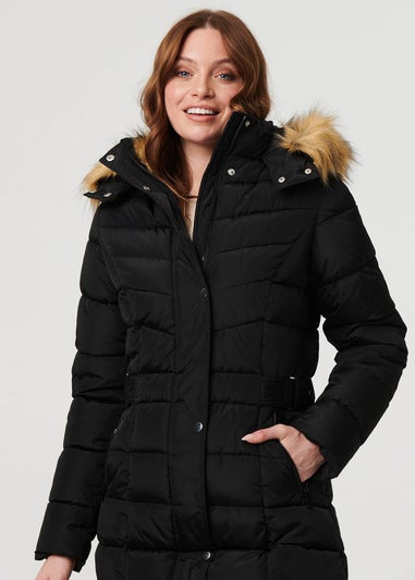 Izabel London Black Hooded Faux Fur Trim Longline Jacket