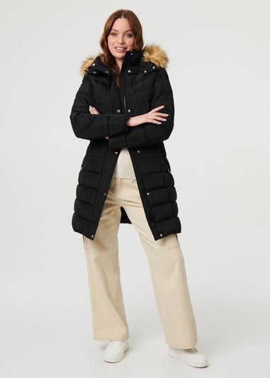 Izabel London Black Hooded Faux Fur Trim Longline Jacket