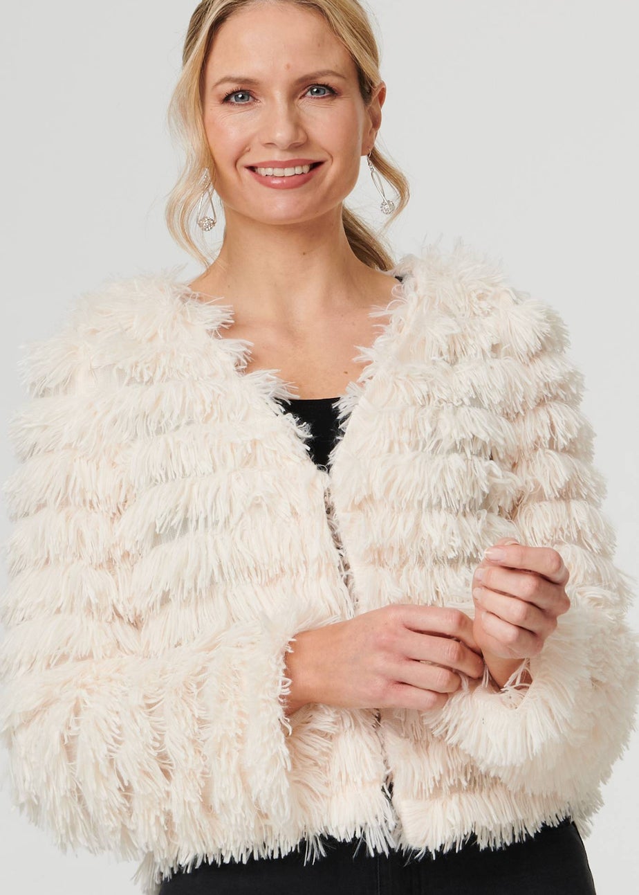 Izabel London Cream Fringed Tassel Texture Relaxed Jacket