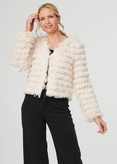 Izabel London Cream Fringed Tassel Texture Relaxed Jacket